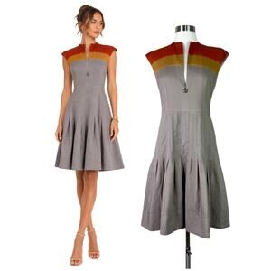 Akris Punto | Wool Gray Rust Mustard Stripe Designer Pleated Fit Flare Dress 6